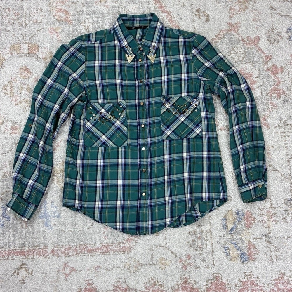 Zara Woman's Green Plaid Western Shirt Rhinestone Embellished Studded Collar